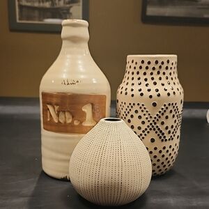 Set of Three Decorative Vases in Cream and Brown